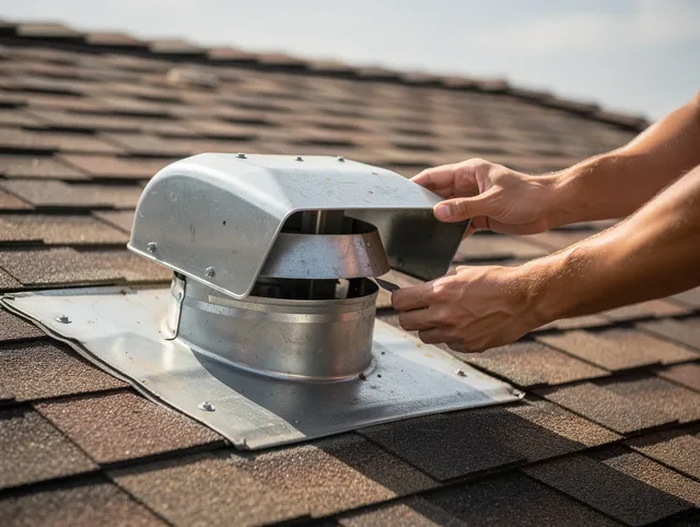 Columbus Dryer Vent Cleaning certified technician safely cleaning a roof-mounted dryer vent in Columbus