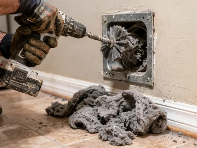 Certified Columbus Dryer Vent Cleaning technician performing dryer vent cleaning in Columbus