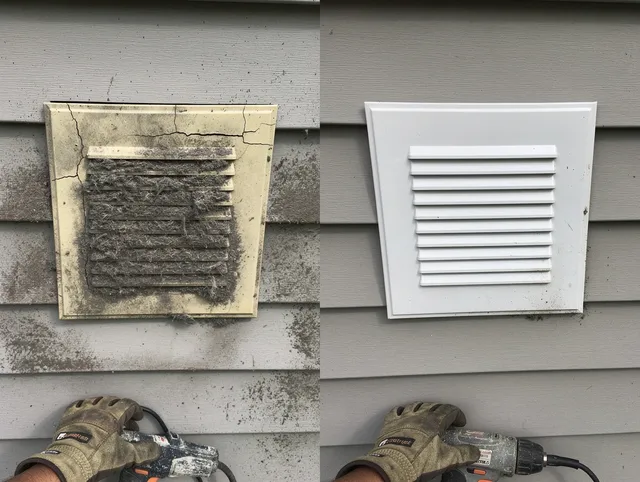 Columbus Dryer Vent Cleaning technician installing high-quality dryer vent cover at a residential property in Columbus